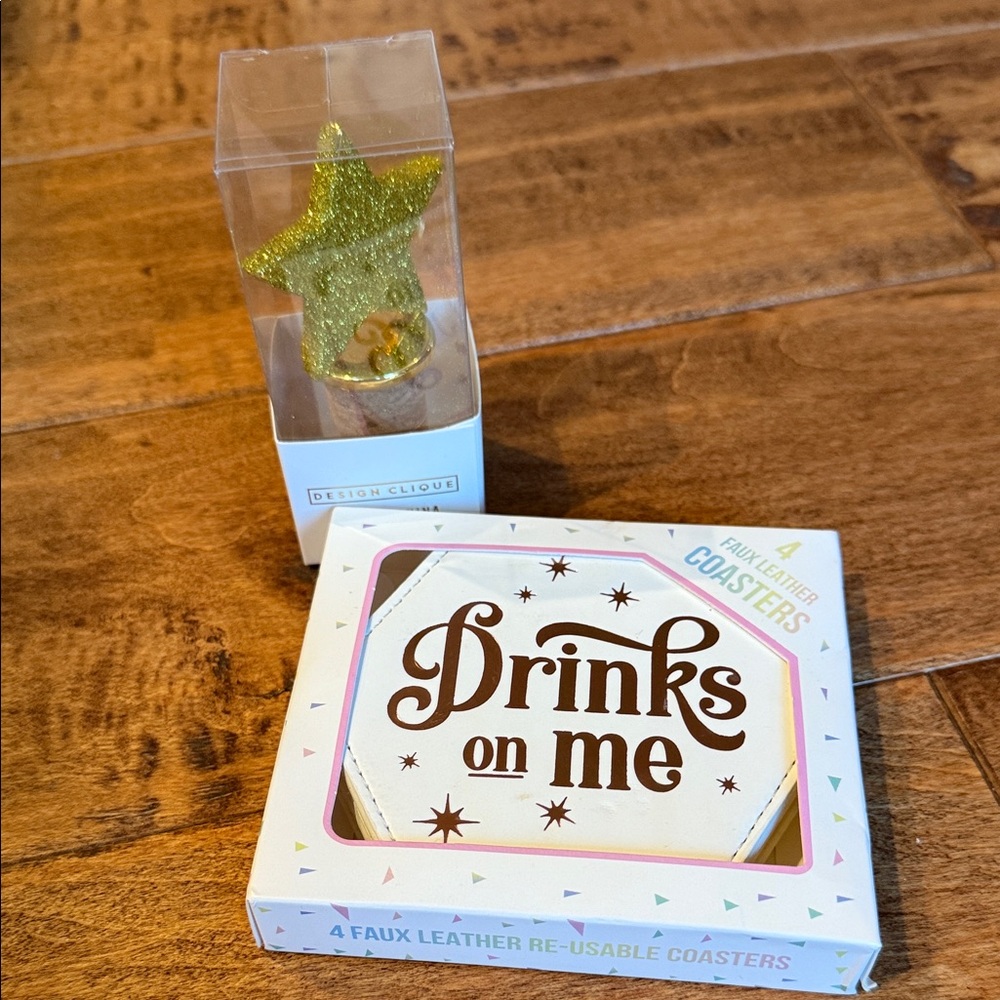 NWT 4 Drink Coasters and Gold Star Bottle Stopper. Bought at Francesca’s.